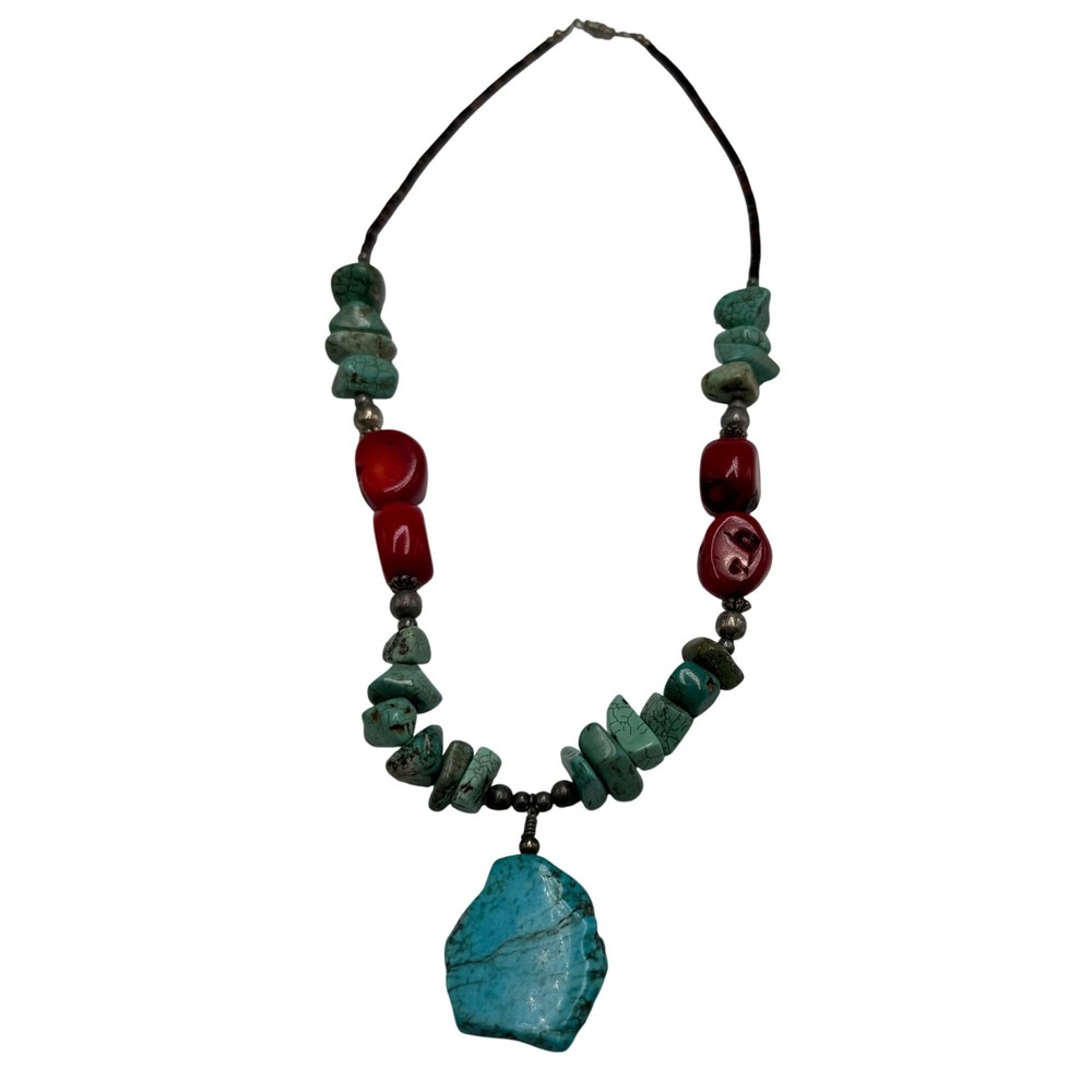 Southwestern Boho Turquoise Stone Pendant Necklace Artisan Leather Cord